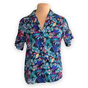 Vintage Cheryl Tiegs Shirt Colorful Blue Southwest Novelty Print Button Up